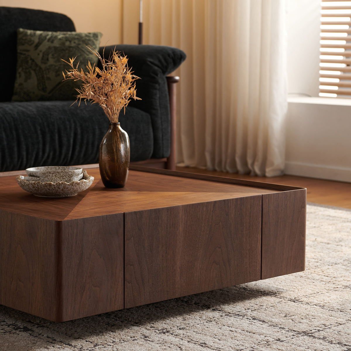 39.3-inch coffee table, square walnut wood design, suitable for living room. Walnut wood material, suitable for bedroom, living room and office - Sonkuki