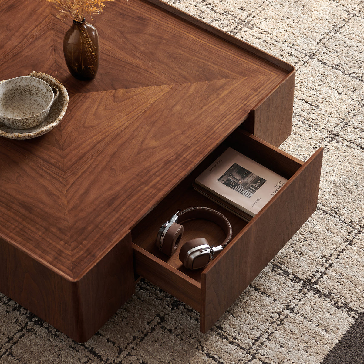 39.3-inch coffee table, square walnut wood design, suitable for living room. Walnut wood material, suitable for bedroom, living room and office - Sonkuki