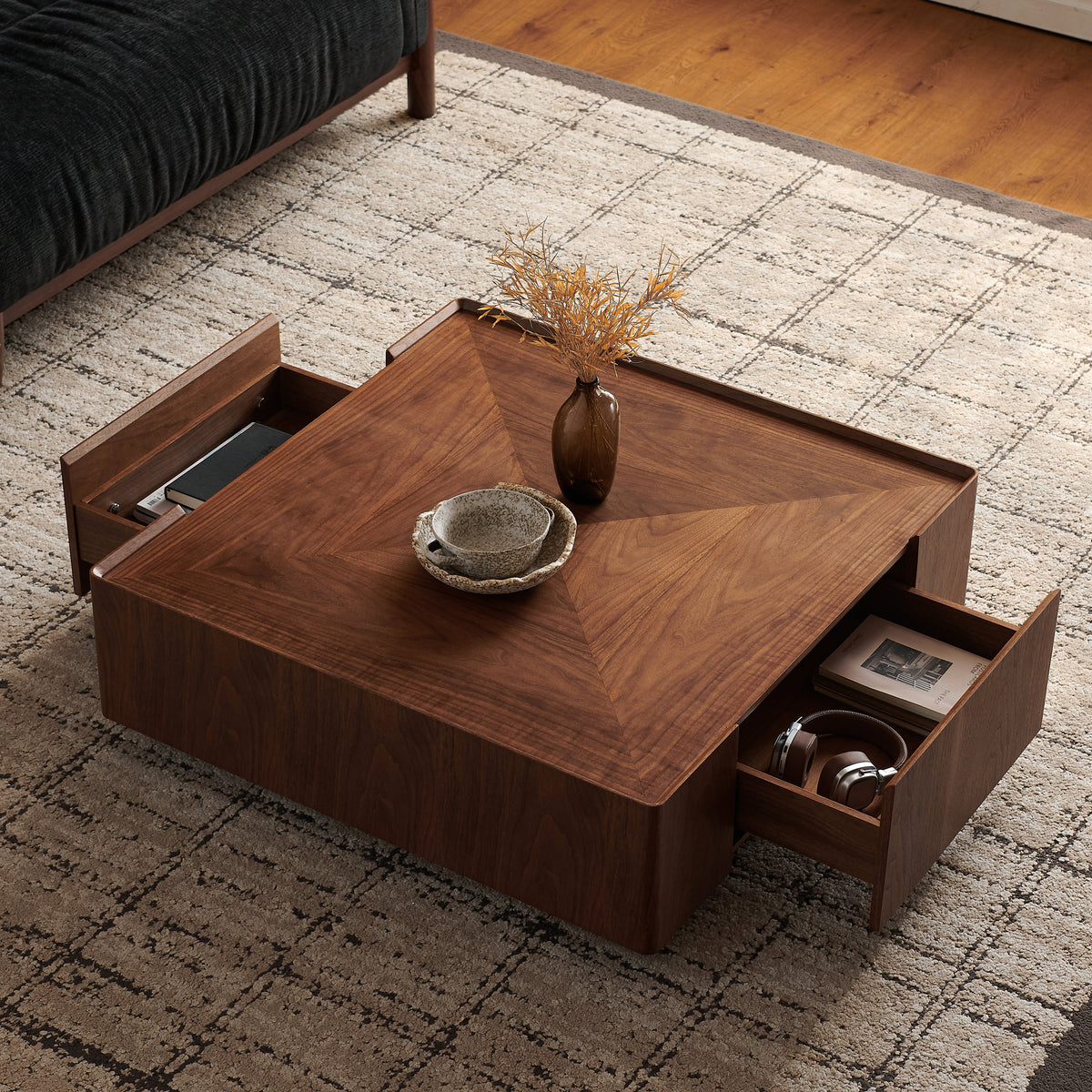39.3-inch coffee table, square walnut wood design, suitable for living room. Walnut wood material, suitable for bedroom, living room and office - Sonkuki