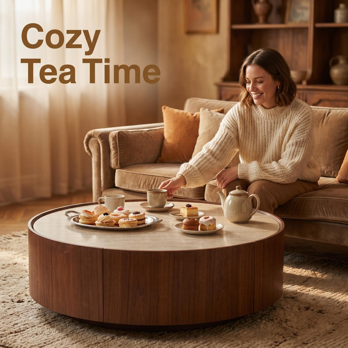39.3 Round coffee table, with a sintered stone top featuring inlaid details and natural walnut veneer, incorporating storage space - Sonkuki