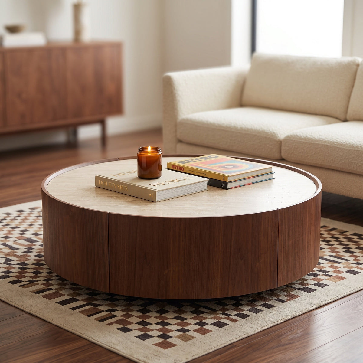 39.3 Round coffee table, with a sintered stone top featuring inlaid details and natural walnut veneer, incorporating storage space - Sonkuki