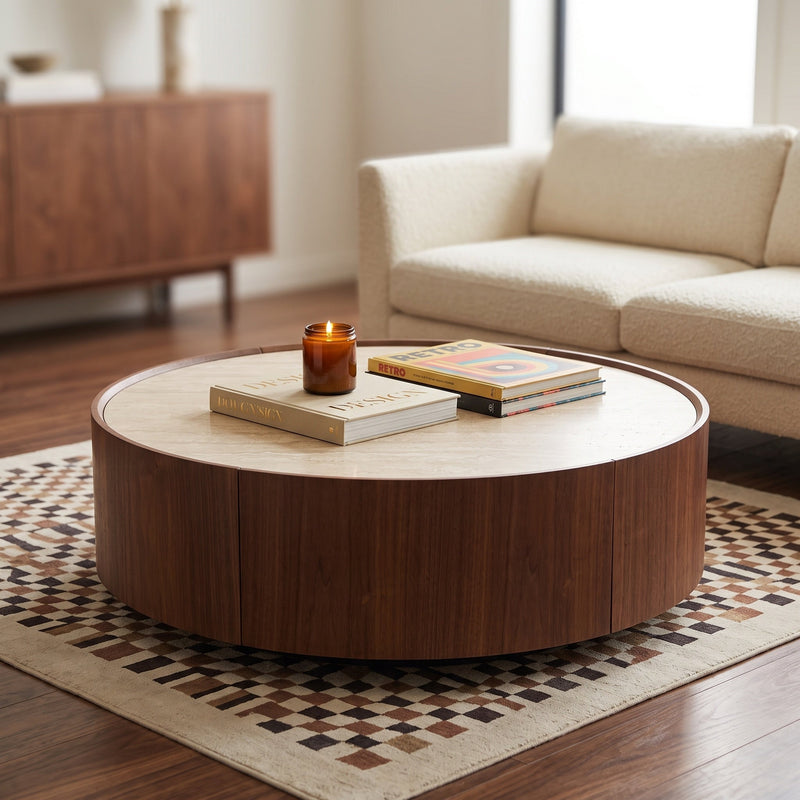 39.3 Round coffee table, with a sintered stone top featuring inlaid details and natural walnut veneer, incorporating storage space - Sonkuki