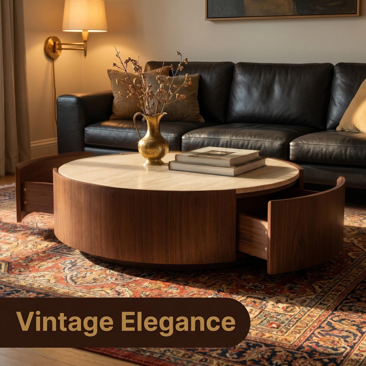 39.3 Round coffee table, with a sintered stone top featuring inlaid details and natural walnut veneer, incorporating storage space - Sonkuki