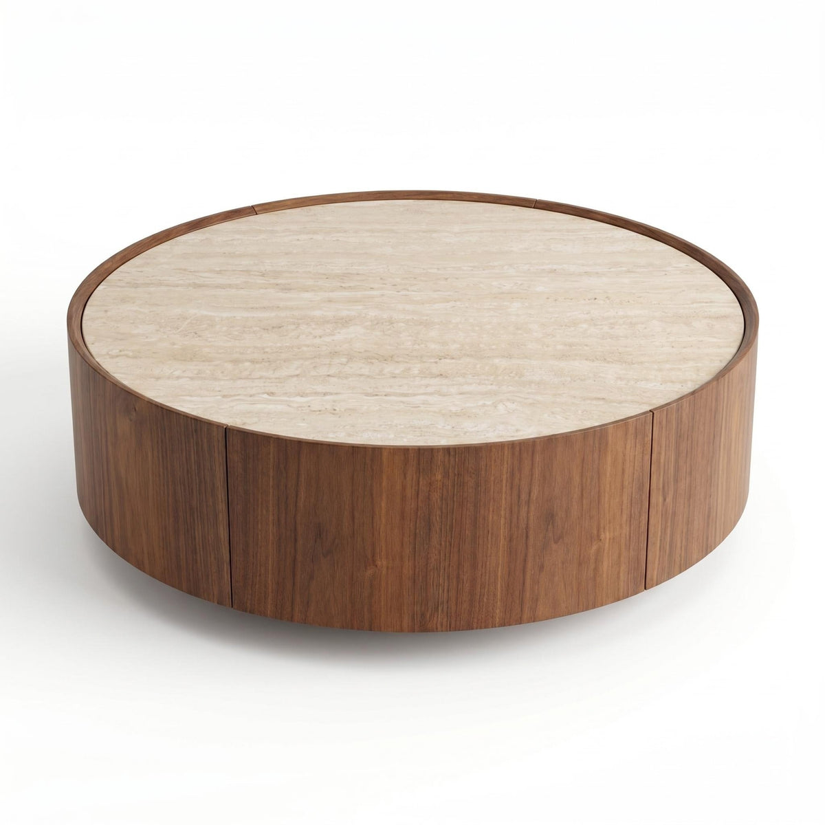 39.3 Round coffee table, with a sintered stone top featuring inlaid details and natural walnut veneer, incorporating storage space - Sonkuki