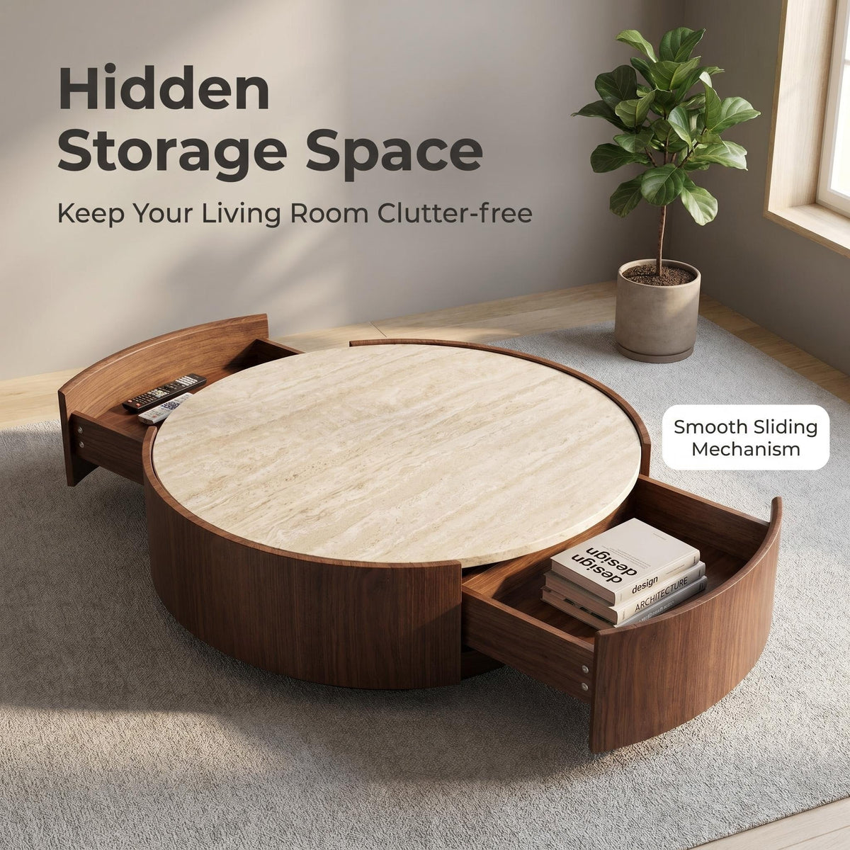 39.3 Round coffee table, with a sintered stone top featuring inlaid details and natural walnut veneer, incorporating storage space - Sonkuki