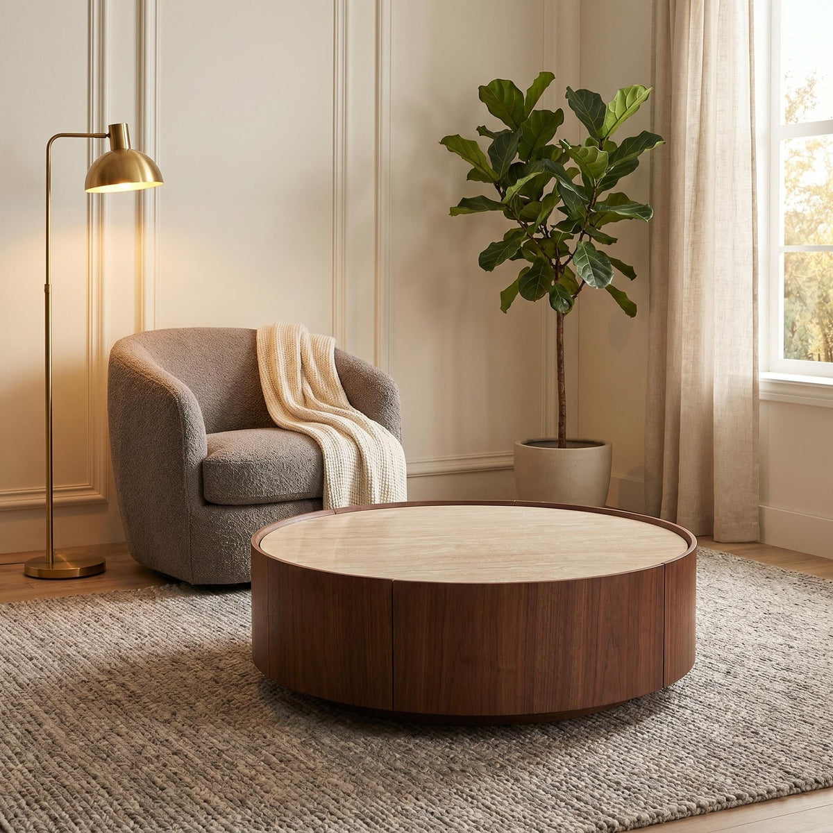 39.3 Round coffee table, with a sintered stone top featuring inlaid details and natural walnut veneer, incorporating storage space - Sonkuki
