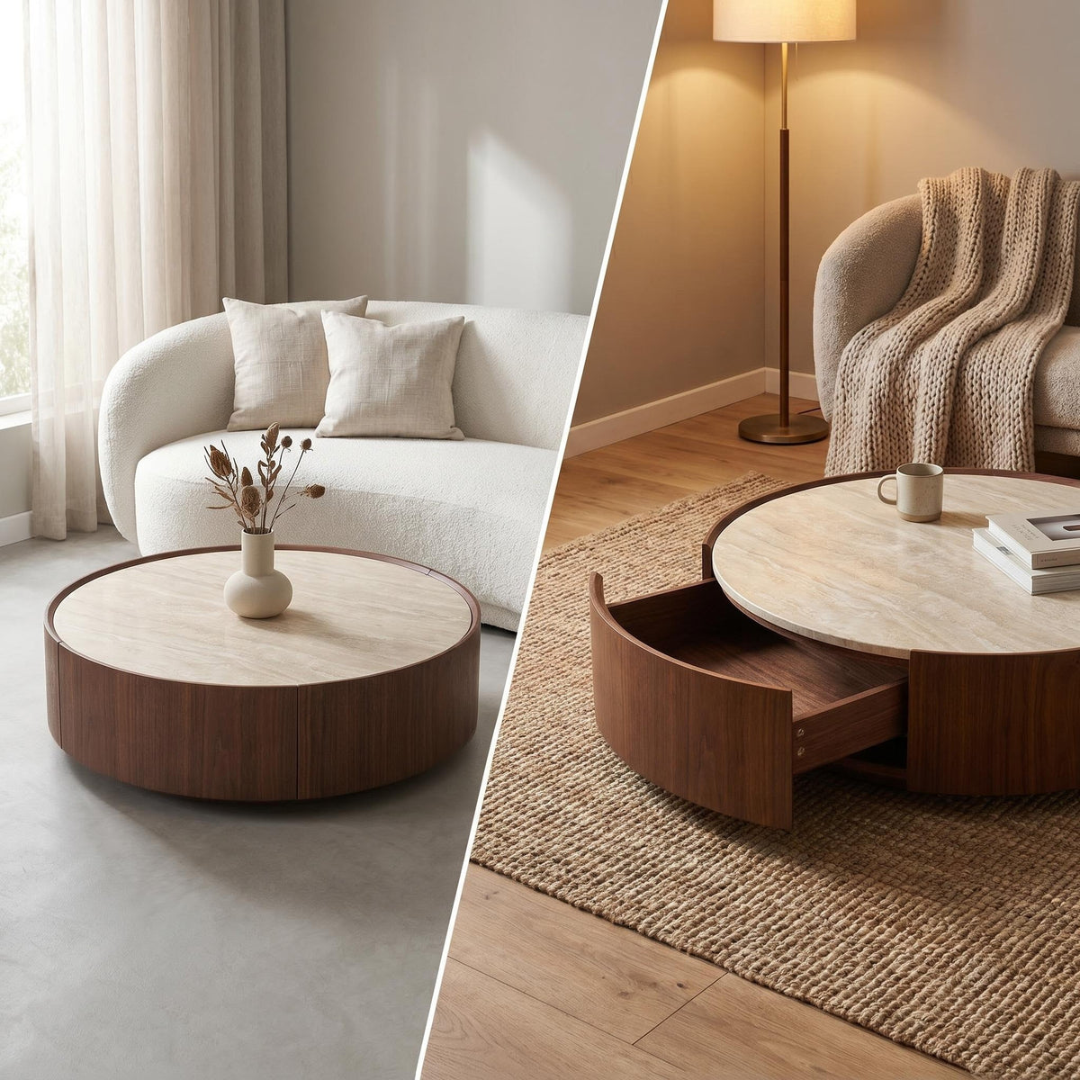39.3 Round coffee table, with a sintered stone top featuring inlaid details and natural walnut veneer, incorporating storage space - Sonkuki