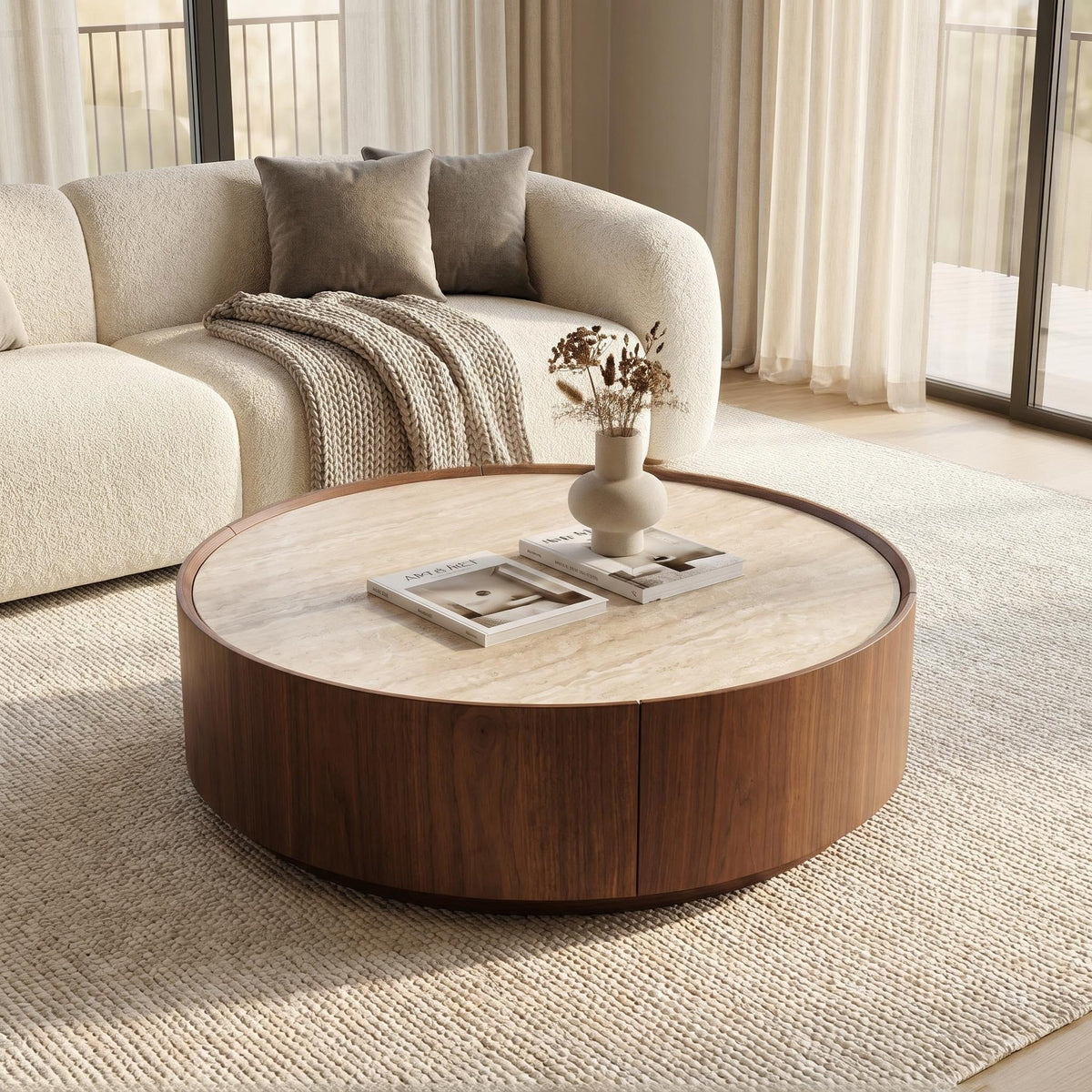 39.3 Round coffee table, with a sintered stone top featuring inlaid details and natural walnut veneer, incorporating storage space - Sonkuki