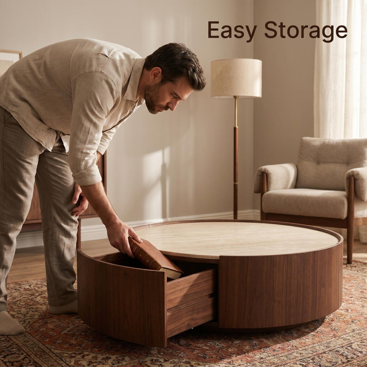 39.3 Round coffee table, with a sintered stone top featuring inlaid details and natural walnut veneer, incorporating storage space - Sonkuki