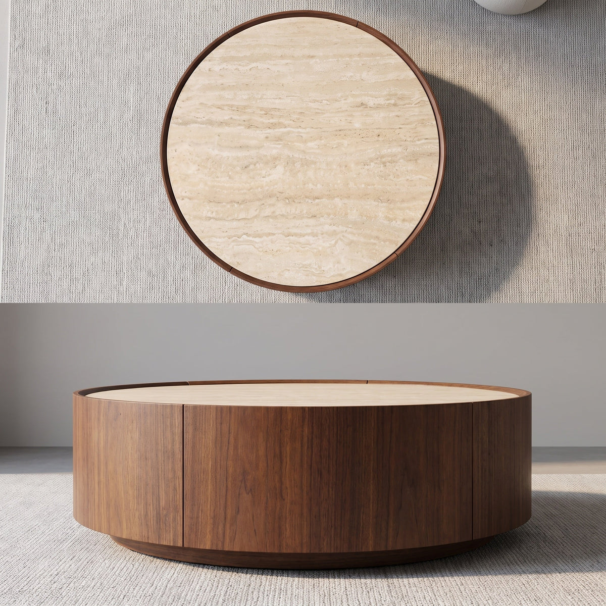 39.3 Round coffee table, with a sintered stone top featuring inlaid details and natural walnut veneer, incorporating storage space - Sonkuki