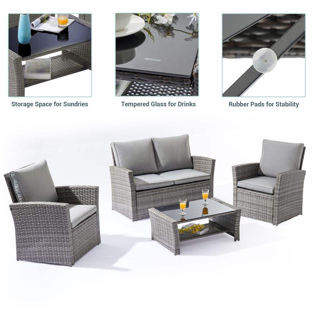 SONKUKI Outdoor Furniture 4-Piece Conversation Set Rattan Sectional Patio Sofa With Coffee Table and Loveseat - Sonkuki