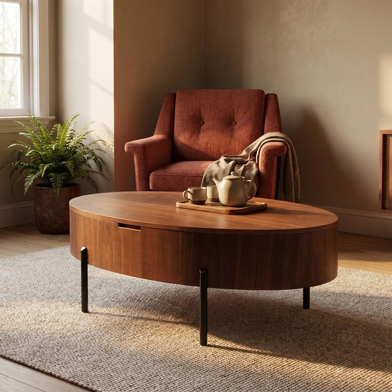 43.3-inch height-adjustable coffee table with solid wood veneer; modern-style coffee table with storage and adjustable height, suitable for living rooms, bedrooms, flats or offices; walnut colour - Sonkuki