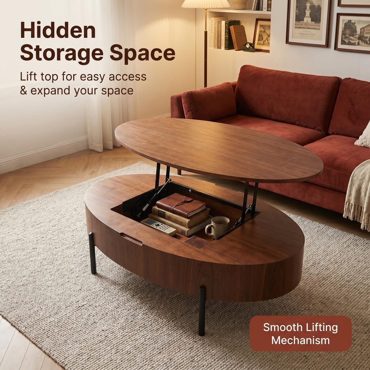 43.3-inch height-adjustable coffee table with solid wood veneer; modern-style coffee table with storage and adjustable height, suitable for living rooms, bedrooms, flats or offices; walnut colour - Sonkuki