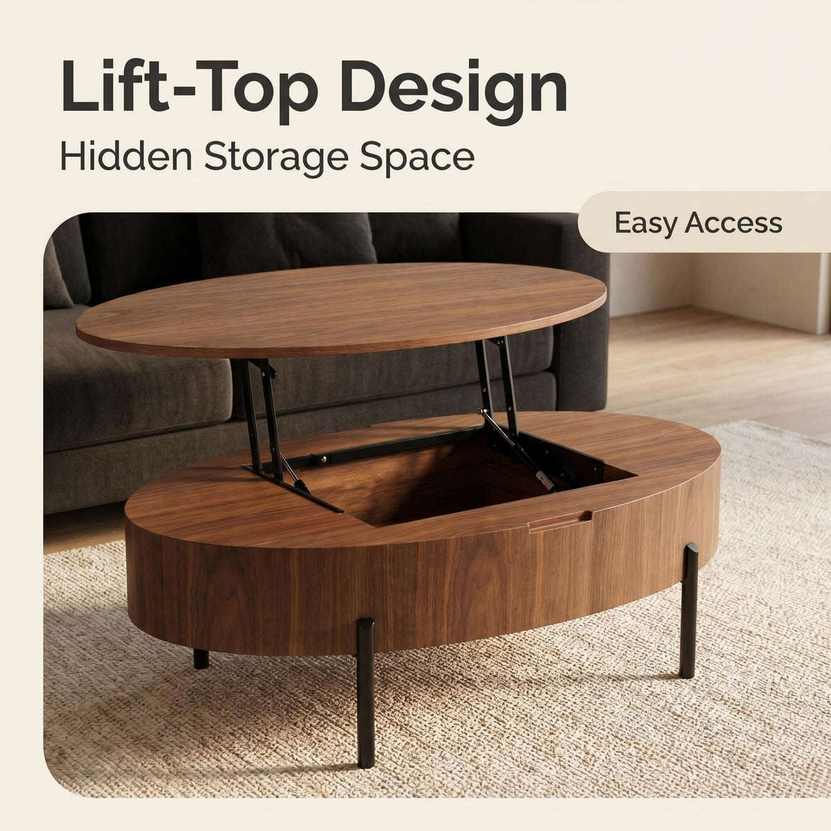 43.3-inch height-adjustable coffee table with solid wood veneer; modern-style coffee table with storage and adjustable height, suitable for living rooms, bedrooms, flats or offices; walnut colour - Sonkuki