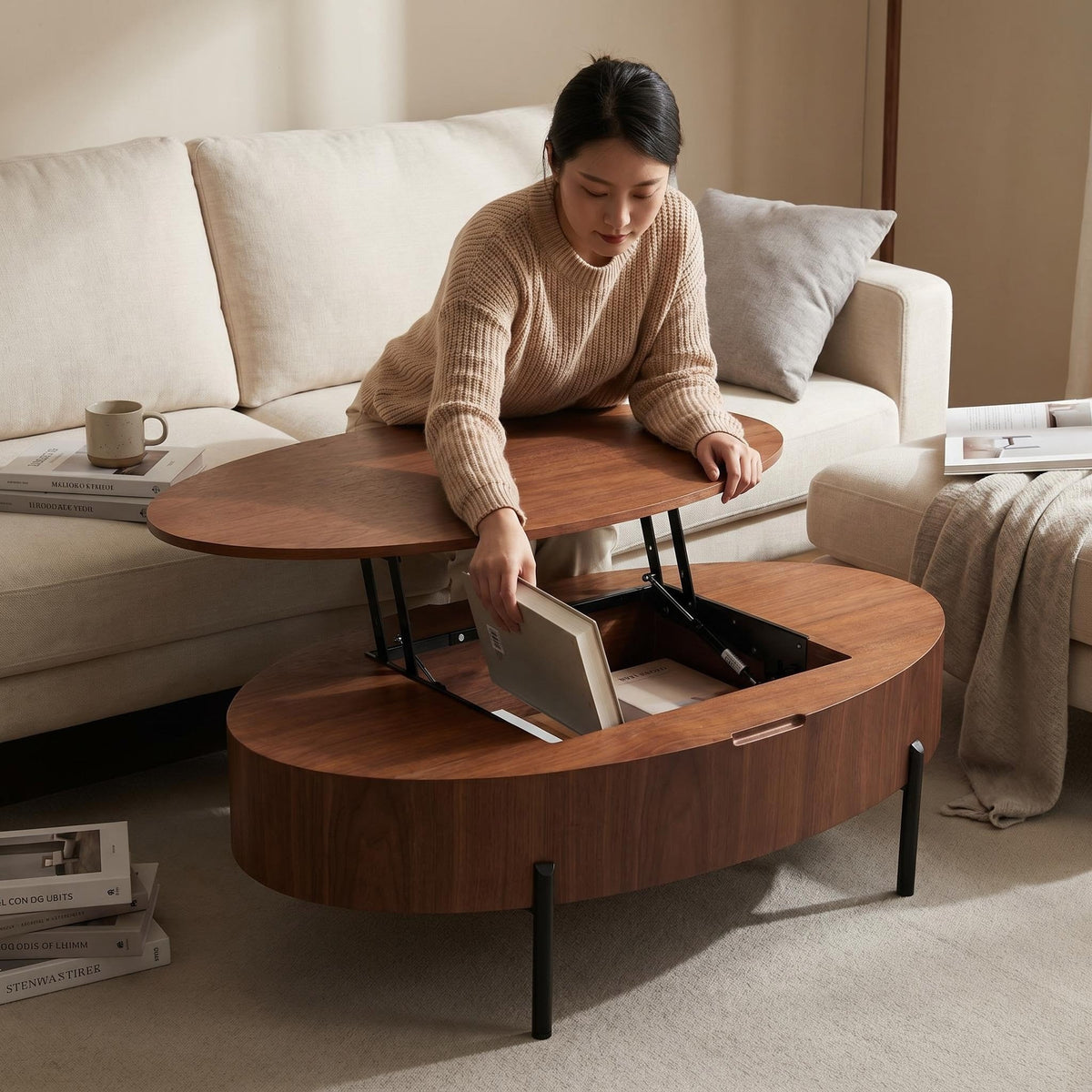 43.3-inch height-adjustable coffee table with solid wood veneer; modern-style coffee table with storage and adjustable height, suitable for living rooms, bedrooms, flats or offices; walnut colour - Sonkuki