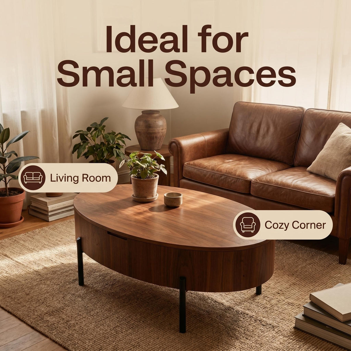 43.3-inch height-adjustable coffee table with solid wood veneer; modern-style coffee table with storage and adjustable height, suitable for living rooms, bedrooms, flats or offices; walnut colour - Sonkuki