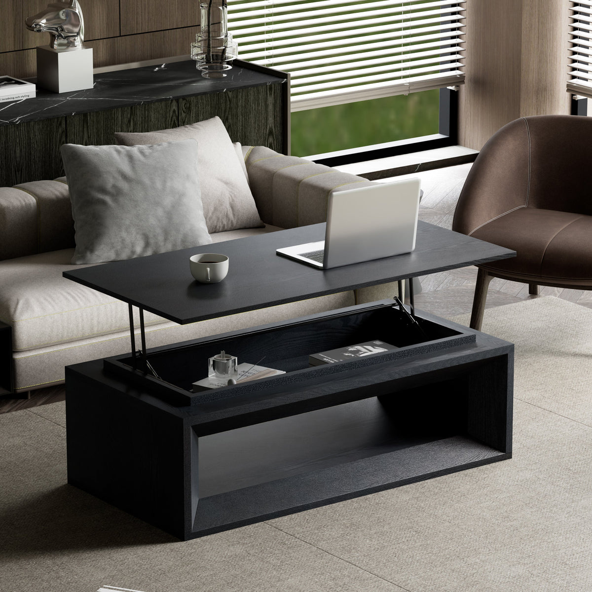 43.3'' Lift Top Rectangle Coffee Table with Storage, Modern Wood Veneer MDF Coffee Table with Floating Tabletop, Convertible Rising Tabletop for Living Room, Home Office, Black - Sonkuki