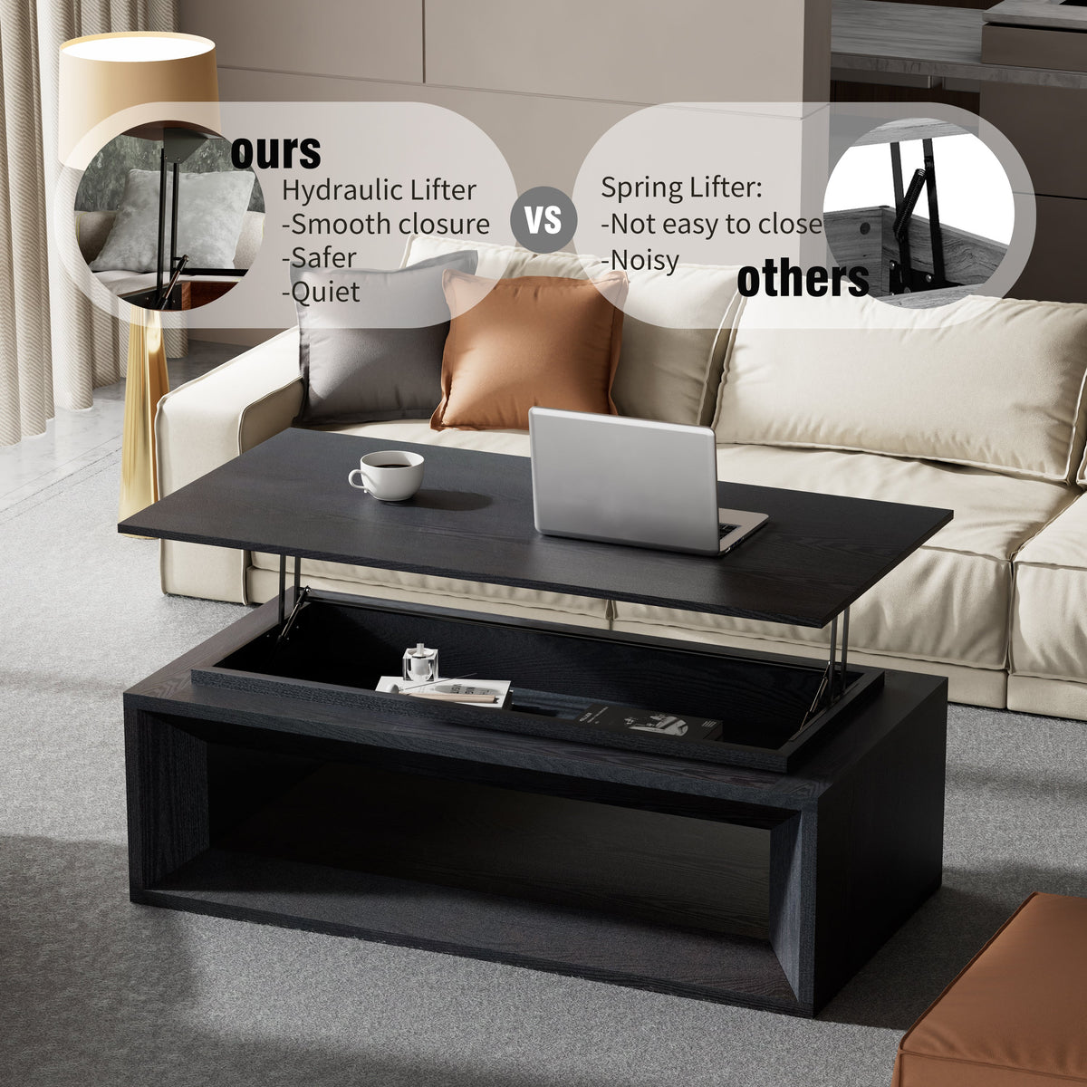 43.3'' Lift Top Rectangle Coffee Table with Storage, Modern Wood Veneer MDF Coffee Table with Floating Tabletop, Convertible Rising Tabletop for Living Room, Home Office, Black - Sonkuki