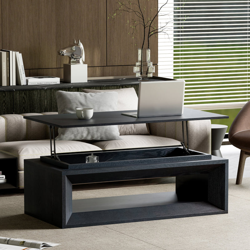 43.3'' Lift Top Rectangle Coffee Table with Storage, Modern Wood Veneer MDF Coffee Table with Floating Tabletop, Convertible Rising Tabletop for Living Room, Home Office, Black - Sonkuki