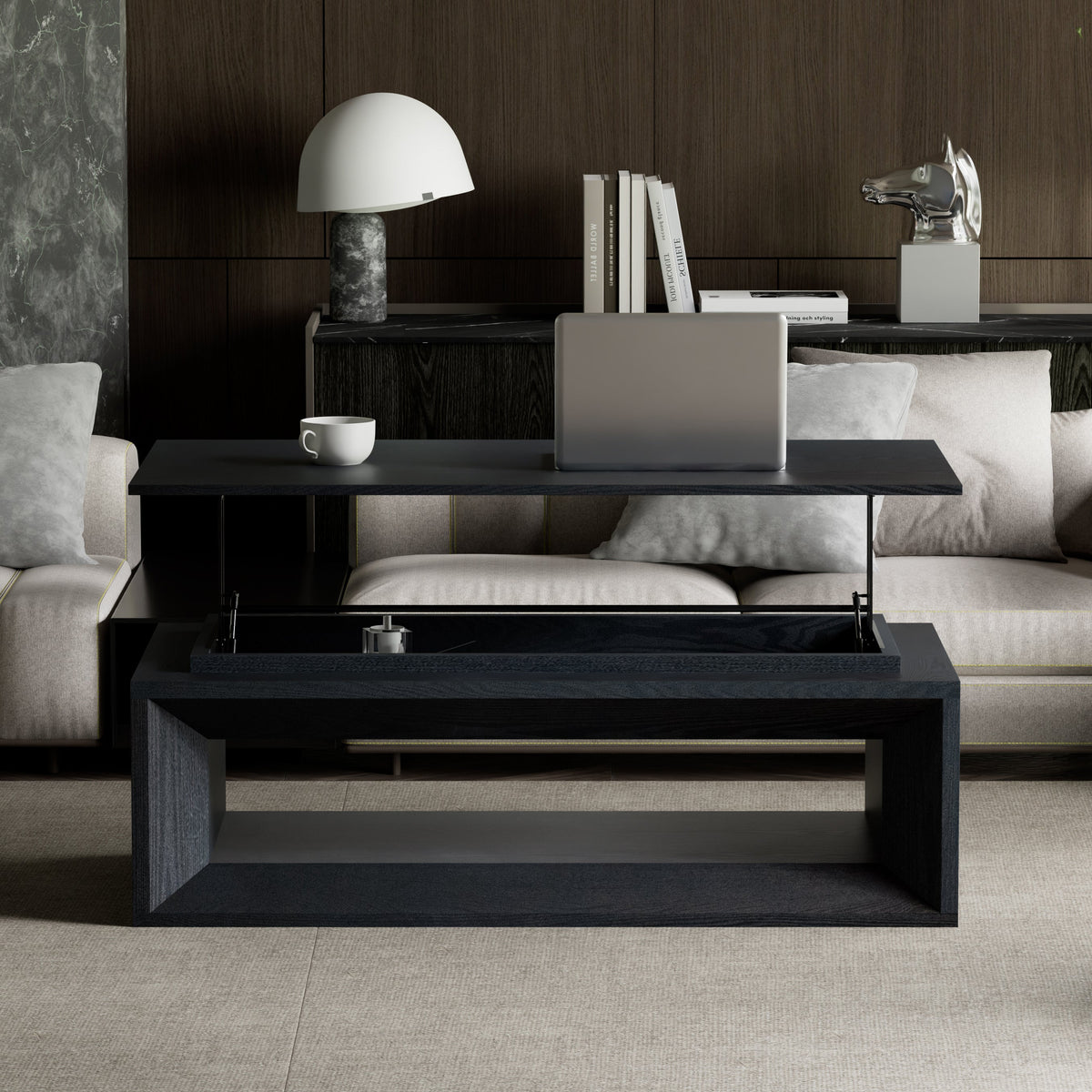 43.3'' Lift Top Rectangle Coffee Table with Storage, Modern Wood Veneer MDF Coffee Table with Floating Tabletop, Convertible Rising Tabletop for Living Room, Home Office, Black - Sonkuki