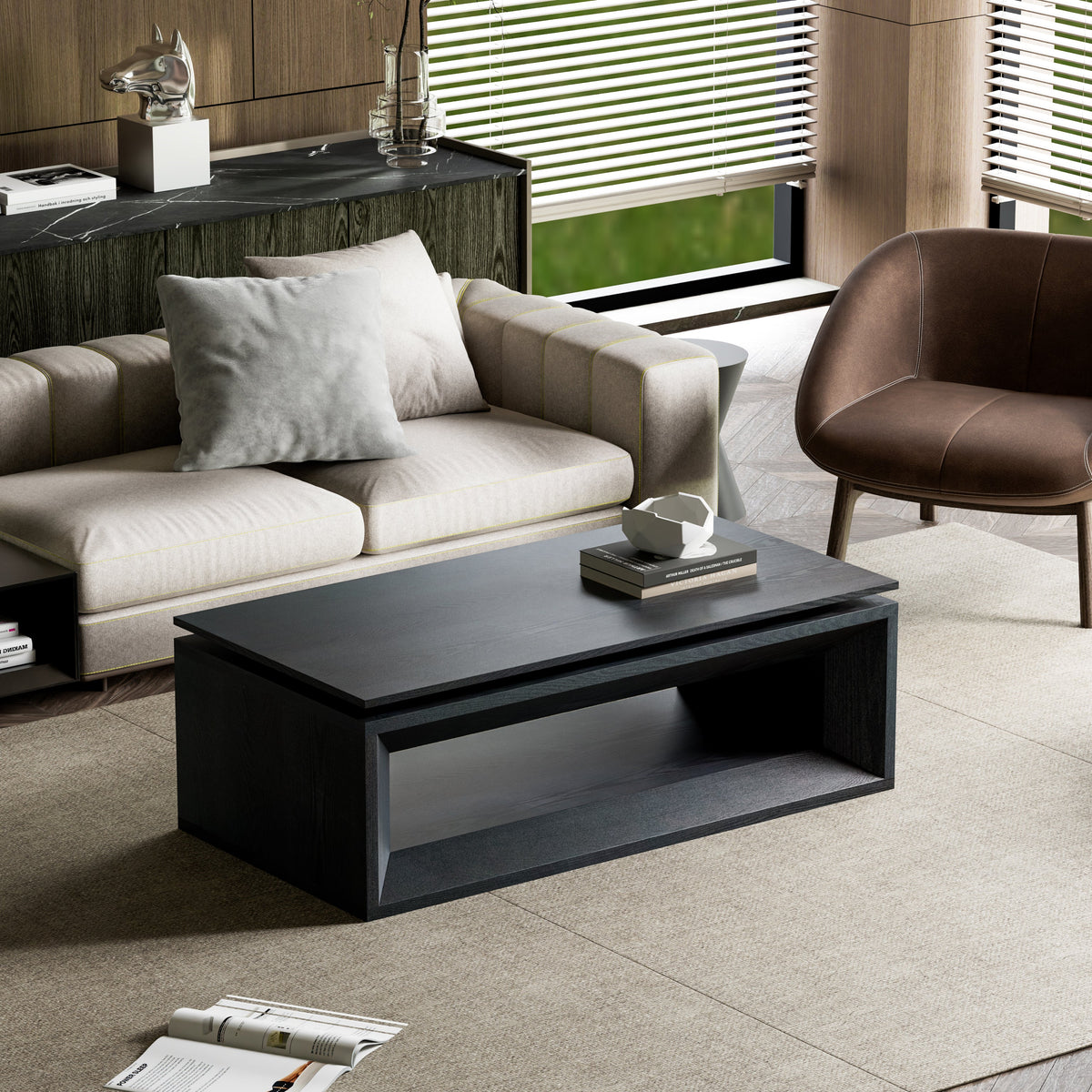 43.3'' Lift Top Rectangle Coffee Table with Storage, Modern Wood Veneer MDF Coffee Table with Floating Tabletop, Convertible Rising Tabletop for Living Room, Home Office, Black - Sonkuki