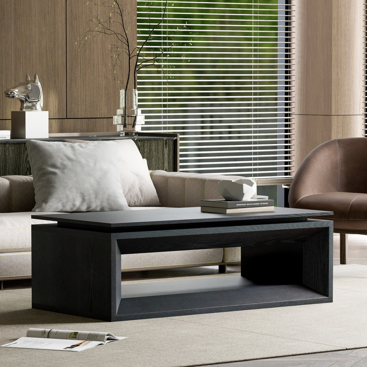 43.3'' Lift Top Rectangle Coffee Table with Storage, Modern Wood Veneer MDF Coffee Table with Floating Tabletop, Convertible Rising Tabletop for Living Room, Home Office, Black - Sonkuki