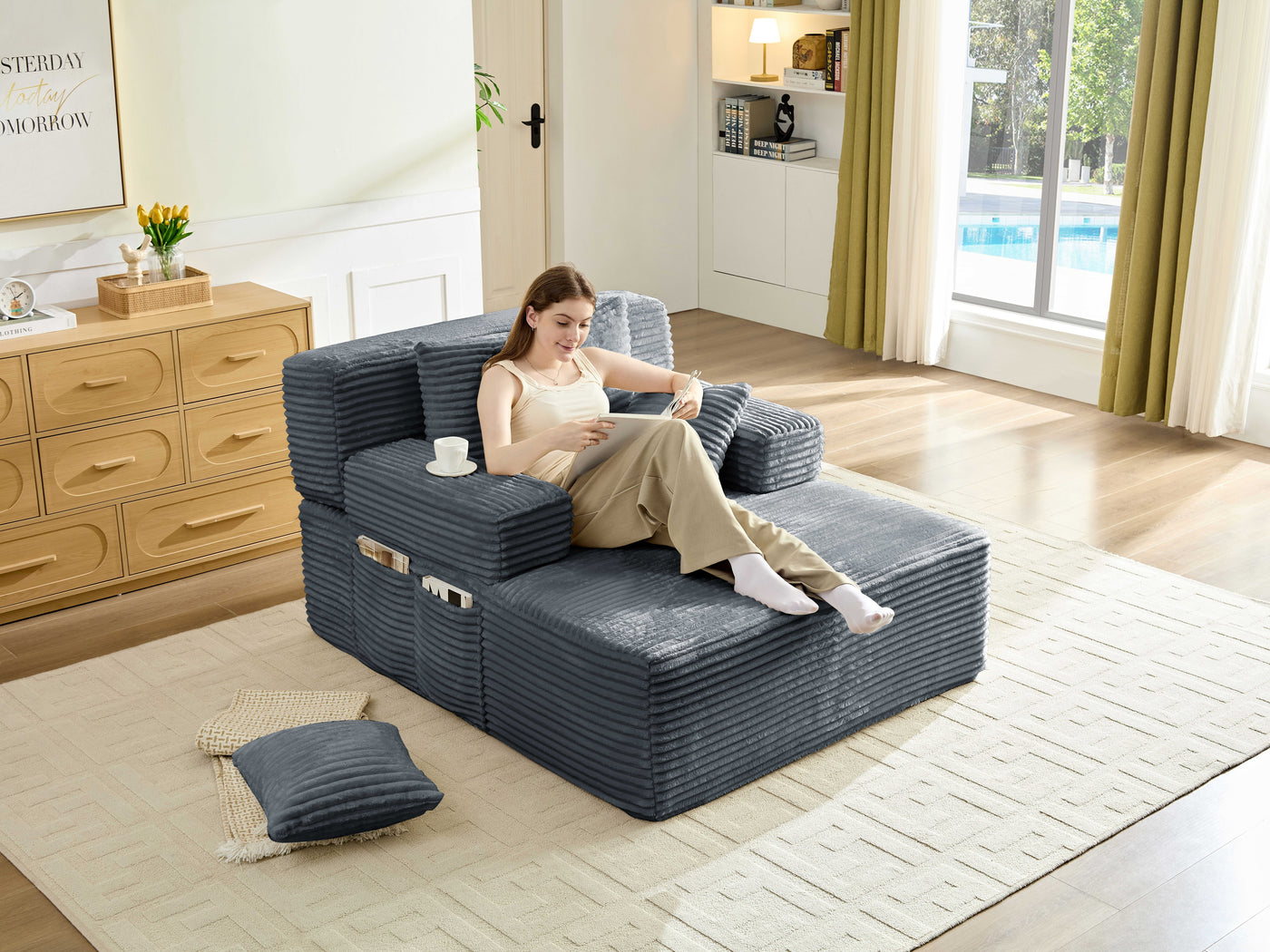 Convertible Oversized Chaise Lounge Sofa Bed with Adjustable Backrest & Storage Pocket, Striped Plush Upholstered Modular Sleeper Couch for Multi‑Scene Use - main product image