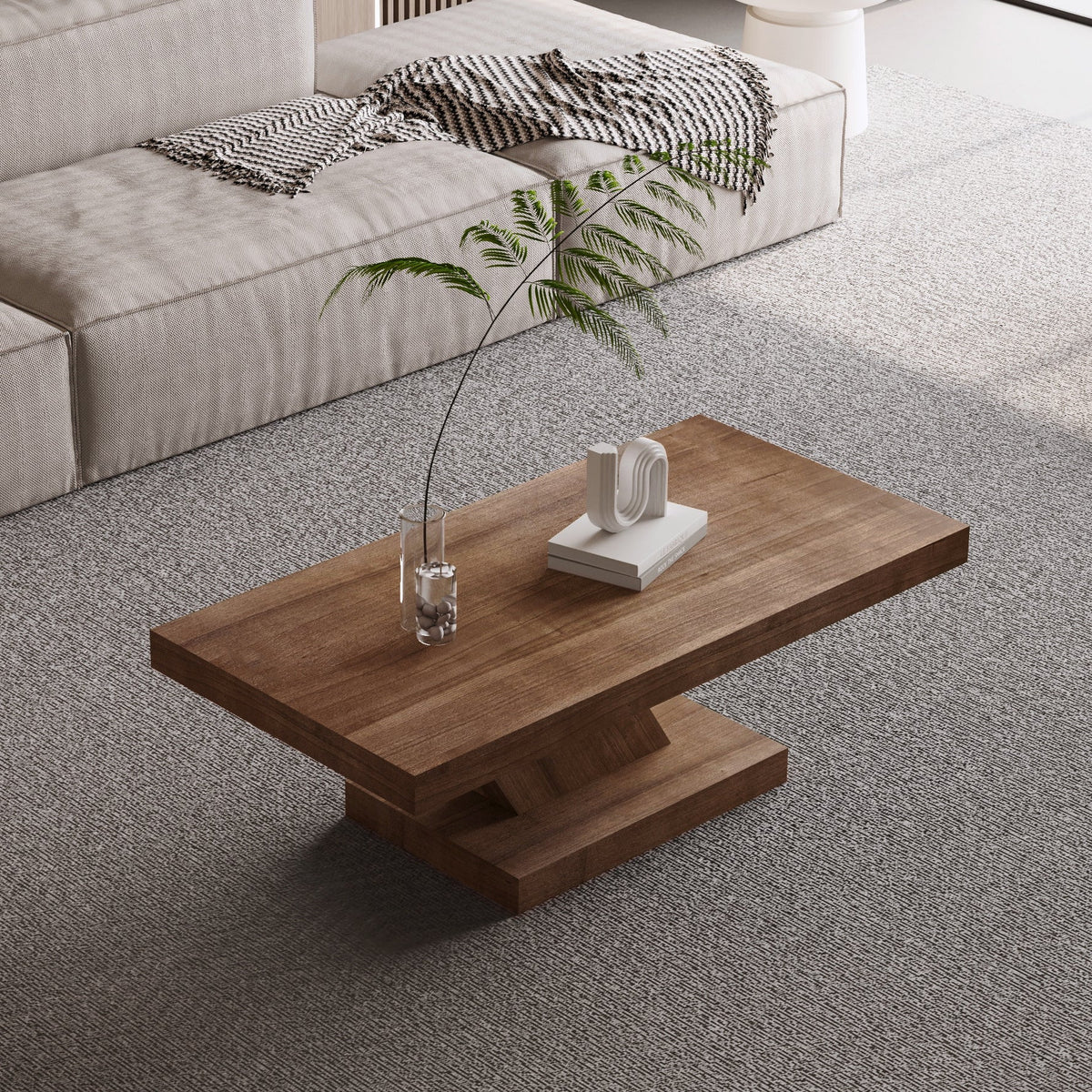 47" Modern Cross Leg Coffee Table, Sturdy X-Shape Design, Solid Wood Veneer, Large Living Room Center Table with Ample Storage Space - Sonkuki