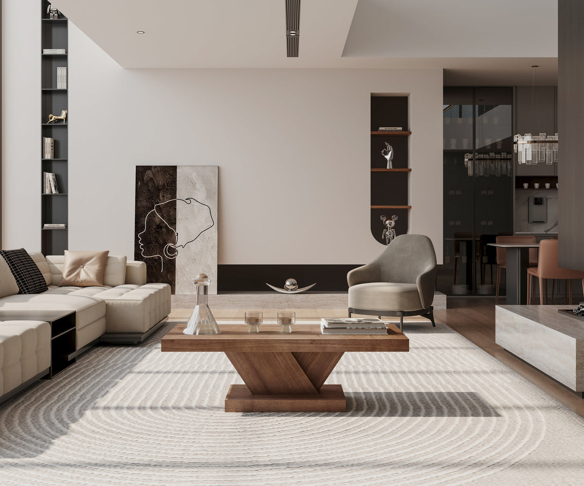 47" Modern Cross Leg Coffee Table, Sturdy X-Shape Design, Solid Wood Veneer, Large Living Room Center Table with Ample Storage Space - Sonkuki