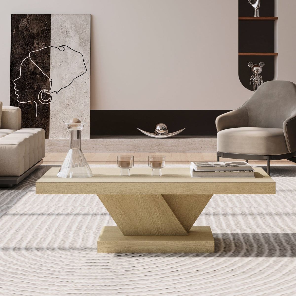 47" Modern Cross Leg Coffee Table, Sturdy X-Shape Design, Solid Wood Veneer, Large Living Room Center Table with Ample Storage Space - Sonkuki