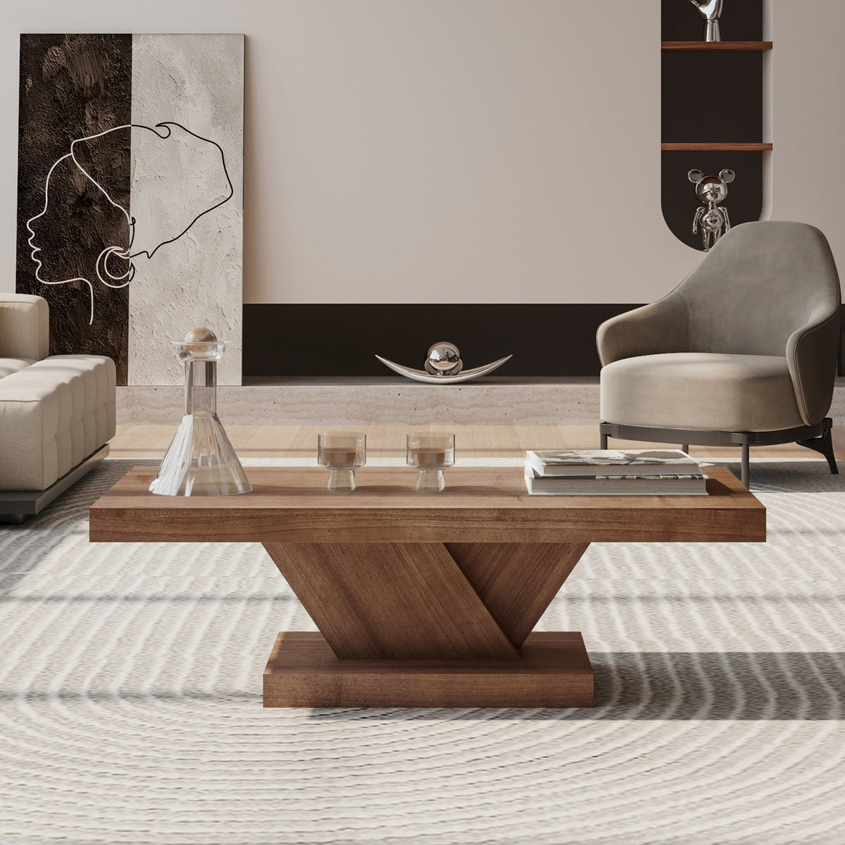 47" Modern Cross Leg Coffee Table, Sturdy X-Shape Design, Solid Wood Veneer, Large Living Room Center Table with Ample Storage Space - Sonkuki