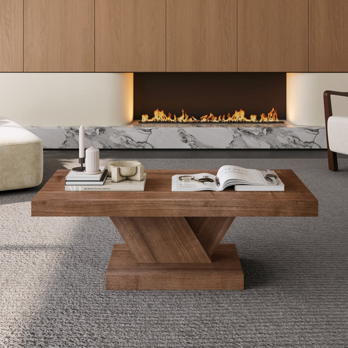 47" Modern Cross Leg Coffee Table, Sturdy X-Shape Design, Solid Wood Veneer, Large Living Room Center Table with Ample Storage Space - Sonkuki