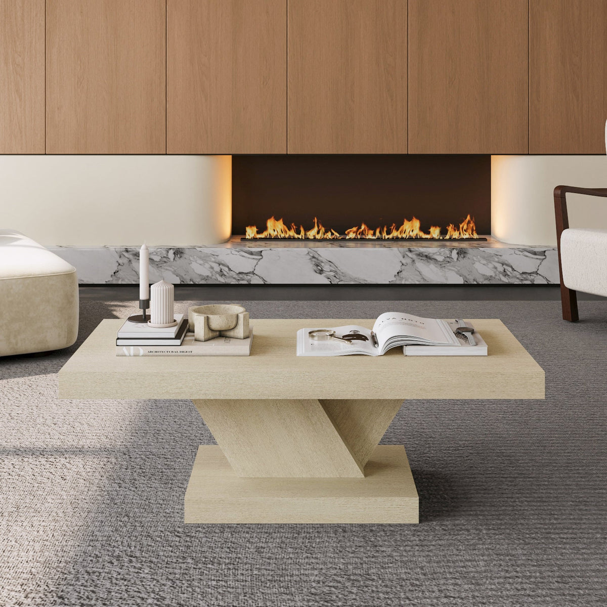 47" Modern Cross Leg Coffee Table, Sturdy X-Shape Design, Solid Wood Veneer, Large Living Room Center Table with Ample Storage Space - Sonkuki