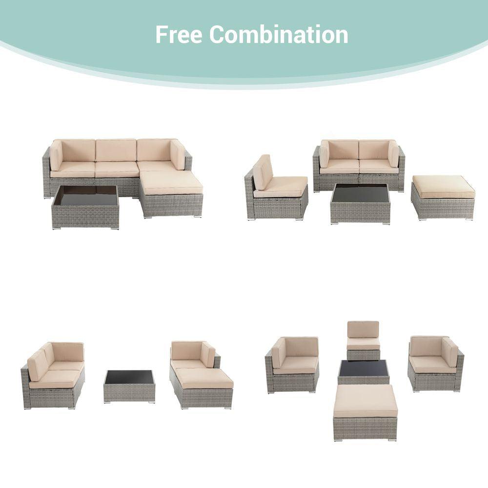 SONKUKI Outdoor Furniture 5 Pcs Sofa Sets Sectional PE Ratten Wicker All-Weather Couch - Sonkuki