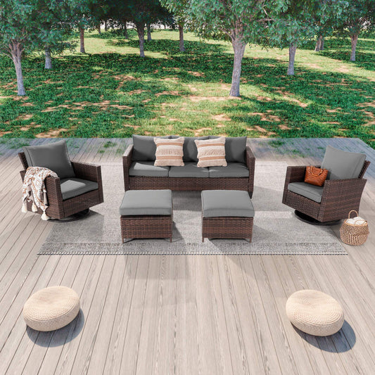 5 - Piece Patio Sofa Set Brown Rattan Outdoor Furniture Set Swivel Rocking Sofa Suiting Backyard, Poolside and Patio - Sonkuki