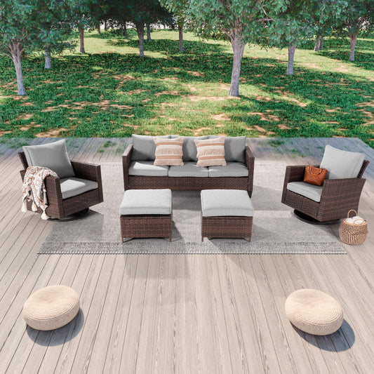 5 - Piece Patio Sofa Set Brown Rattan Outdoor Furniture Set Swivel Rocking Sofa Suiting Backyard, Poolside and Patio - Sonkuki