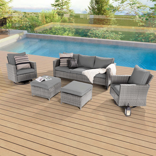 5 - Piece Patio Sofa Set Gray Rattan Outdoor Furniture Set Swivel Rocking Sofa Suiting Backyard, Poolside and Patio - Sonkuki