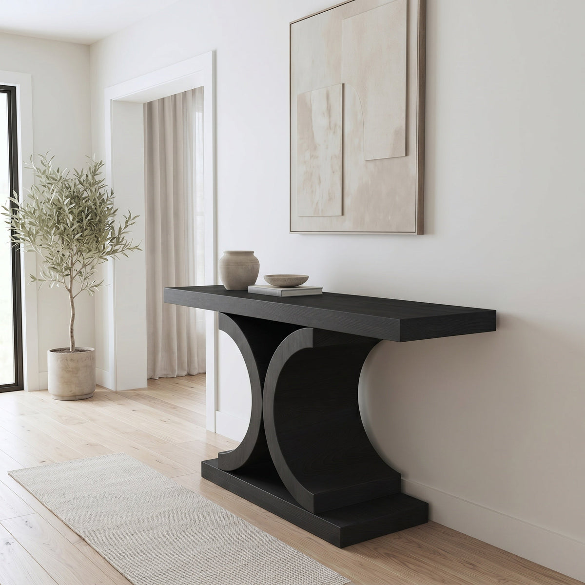 60" Black Console Table, Modern Narrow Sofa Table with Sculptural Curved Base, MDF with Real Wood Veneer Entryway Table, for Living Room, Hallway, Foyer, Black Oak - Sonkuki