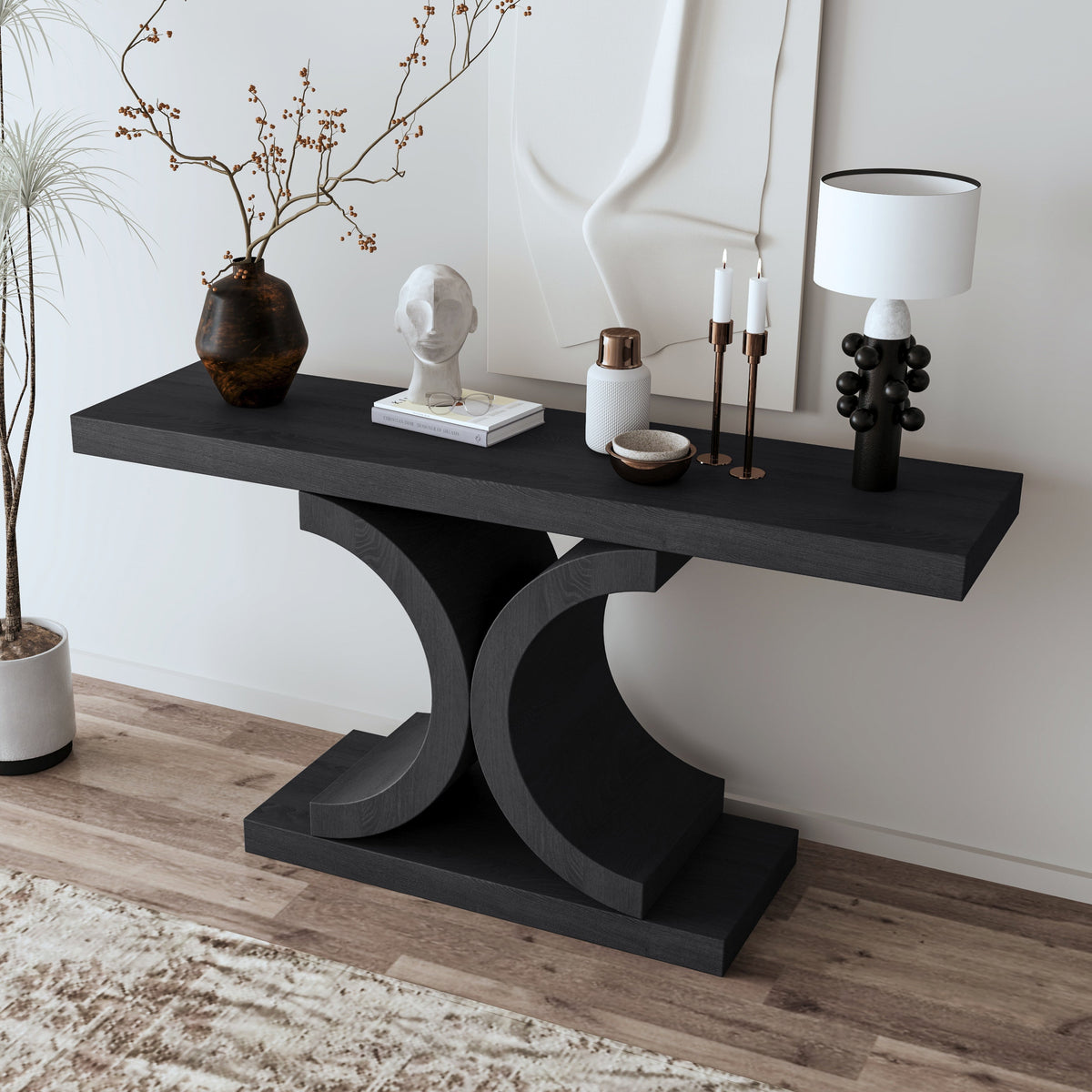 60" Black Console Table, Modern Narrow Sofa Table with Sculptural Curved Base, MDF with Real Wood Veneer Entryway Table, for Living Room, Hallway, Foyer, Black Oak - Sonkuki