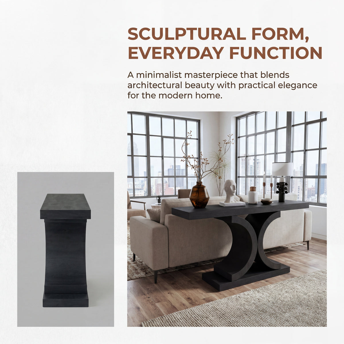 60" Black Console Table, Modern Narrow Sofa Table with Sculptural Curved Base, MDF with Real Wood Veneer Entryway Table, for Living Room, Hallway, Foyer, Black Oak - Sonkuki