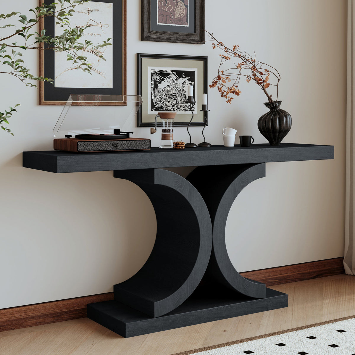 60" Black Console Table, Modern Narrow Sofa Table with Sculptural Curved Base, MDF with Real Wood Veneer Entryway Table, for Living Room, Hallway, Foyer, Black Oak - Sonkuki