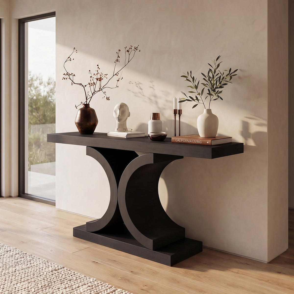 60" Black Console Table, Modern Narrow Sofa Table with Sculptural Curved Base, MDF with Real Wood Veneer Entryway Table, for Living Room, Hallway, Foyer, Black Oak - Sonkuki