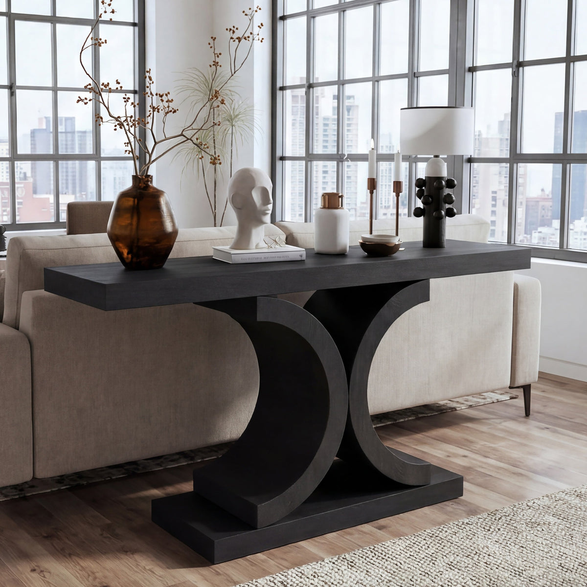 60" Black Console Table, Modern Narrow Sofa Table with Sculptural Curved Base, MDF with Real Wood Veneer Entryway Table, for Living Room, Hallway, Foyer, Black Oak - Sonkuki