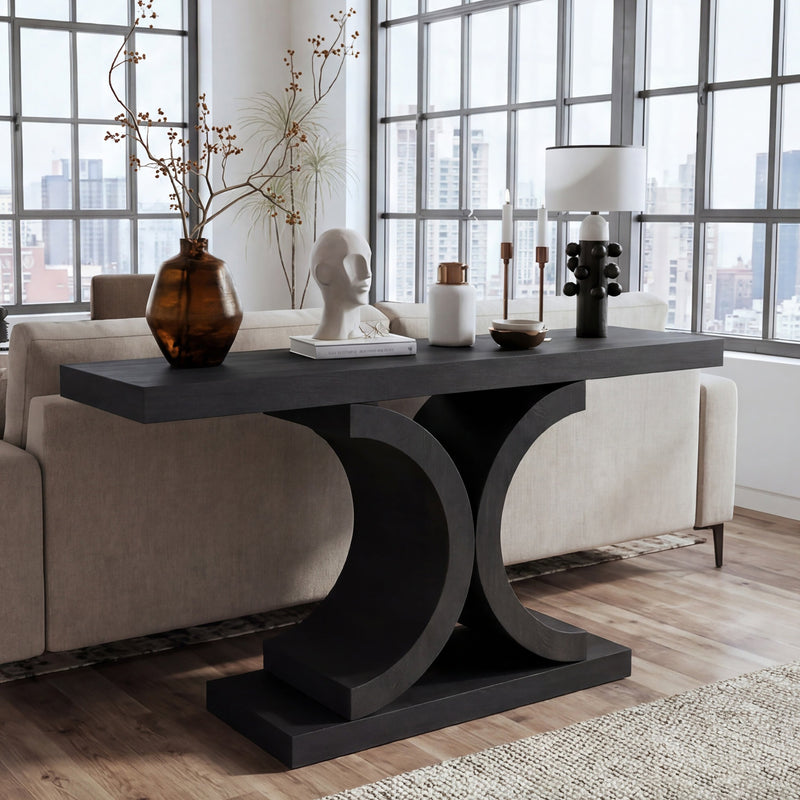 60" Black Console Table, Modern Narrow Sofa Table with Sculptural Curved Base, MDF with Real Wood Veneer Entryway Table, for Living Room, Hallway, Foyer, Black Oak - Sonkuki
