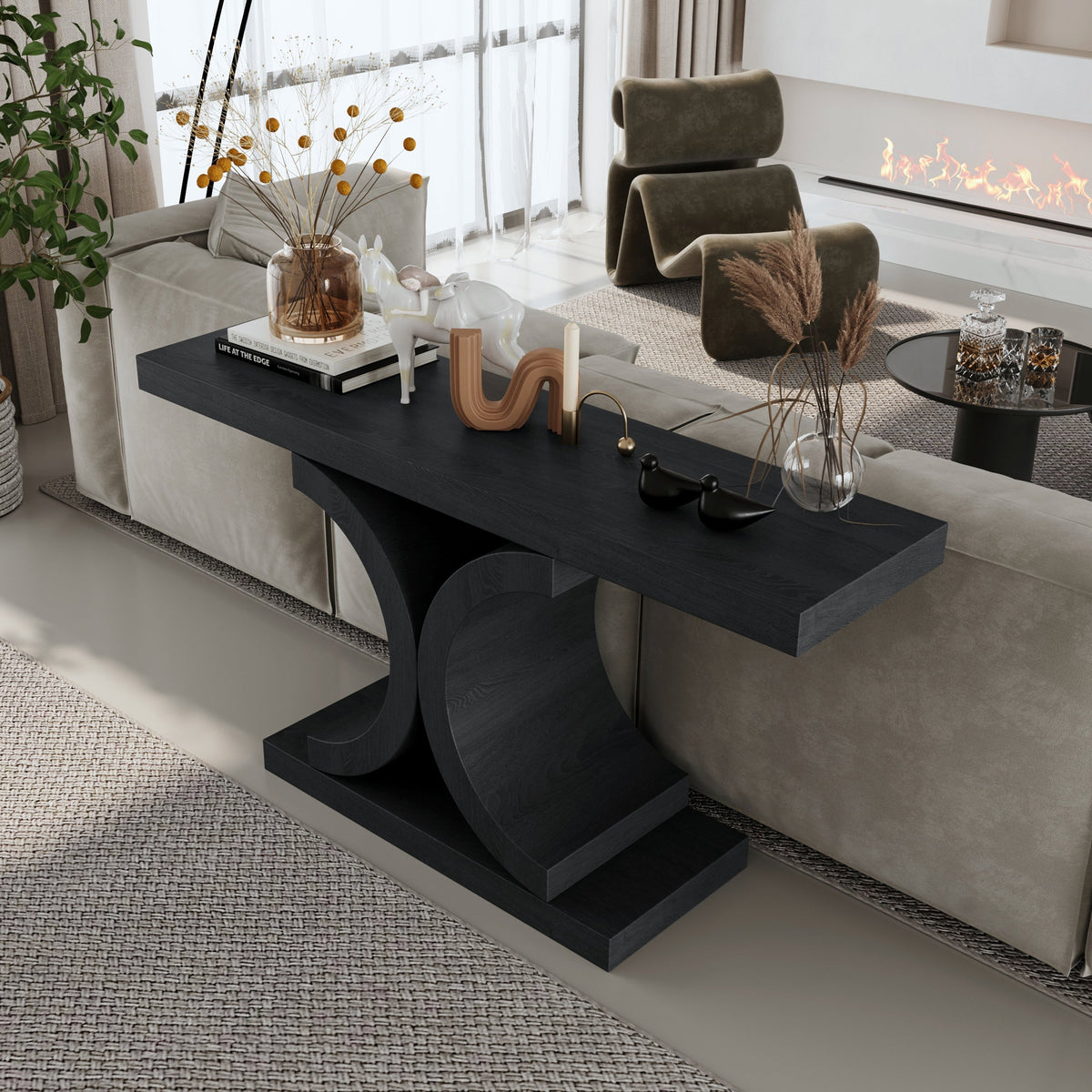 60" Black Console Table, Modern Narrow Sofa Table with Sculptural Curved Base, MDF with Real Wood Veneer Entryway Table, for Living Room, Hallway, Foyer, Black Oak - Sonkuki