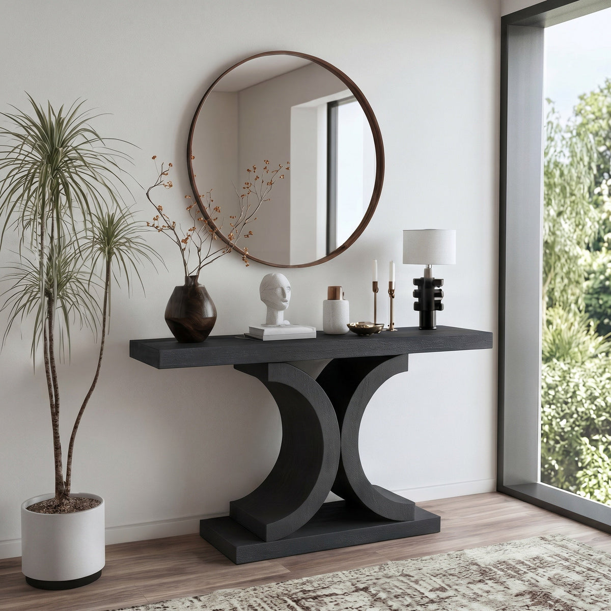 60" Black Console Table, Modern Narrow Sofa Table with Sculptural Curved Base, MDF with Real Wood Veneer Entryway Table, for Living Room, Hallway, Foyer, Black Oak - Sonkuki