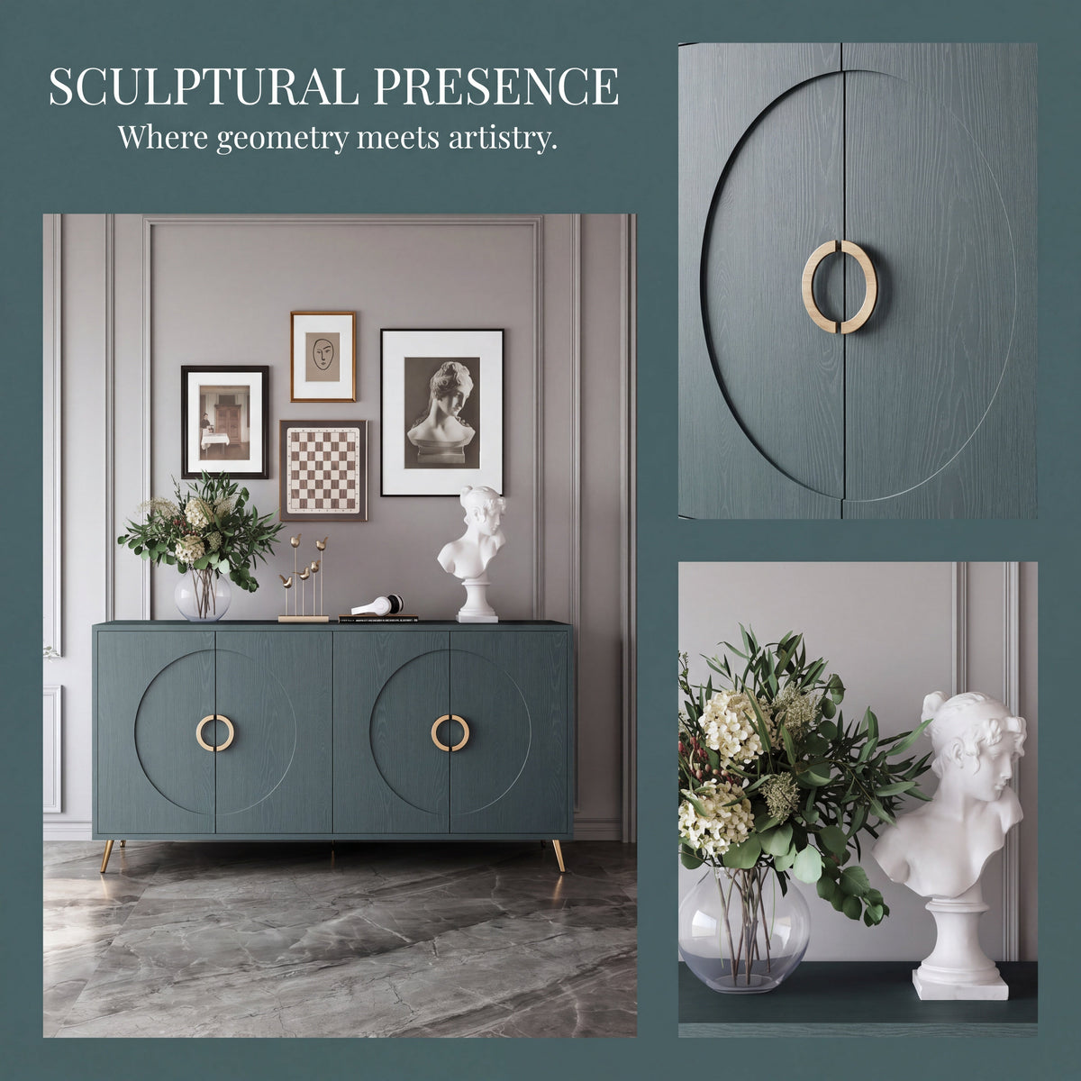 60" Italian Luxury Dark Green Wood Grain Sideboard Cabinet, 4-Door Round Embossed Buffet Storage Credenza, Modern Entryway Console Cupboard with Gold Metal Handles, Dark Green - Sonkuki