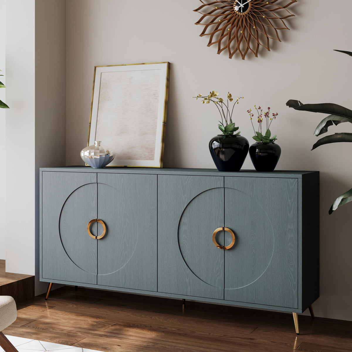60" Italian Luxury Dark Green Wood Grain Sideboard Cabinet, 4-Door Round Embossed Buffet Storage Credenza, Modern Entryway Console Cupboard with Gold Metal Handles, Dark Green - Sonkuki