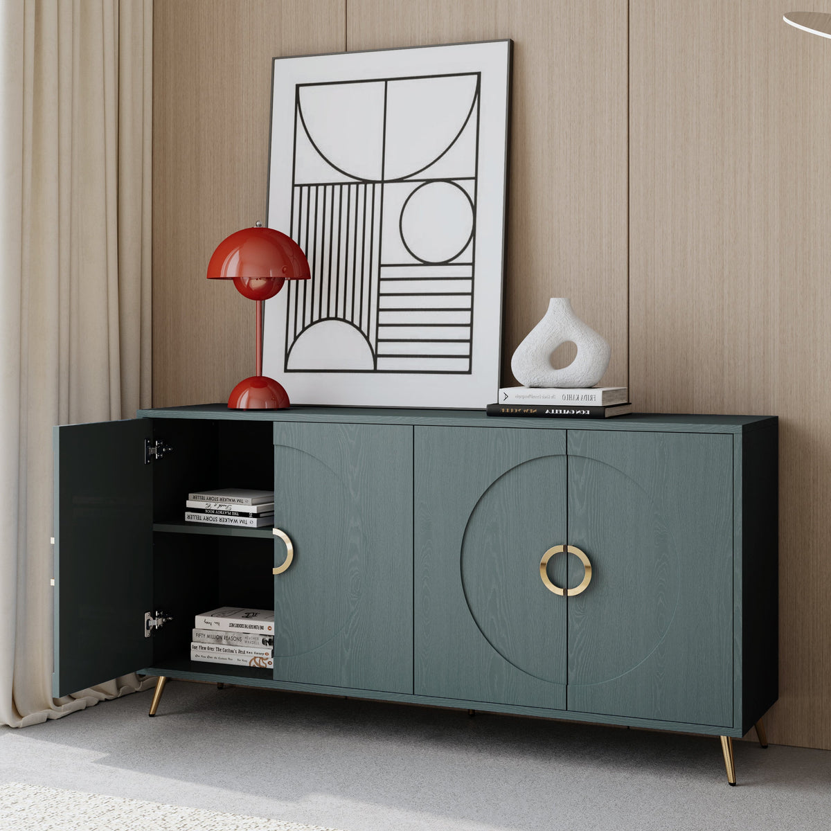 60" Italian Luxury Dark Green Wood Grain Sideboard Cabinet, 4-Door Round Embossed Buffet Storage Credenza, Modern Entryway Console Cupboard with Gold Metal Handles, Dark Green - Sonkuki
