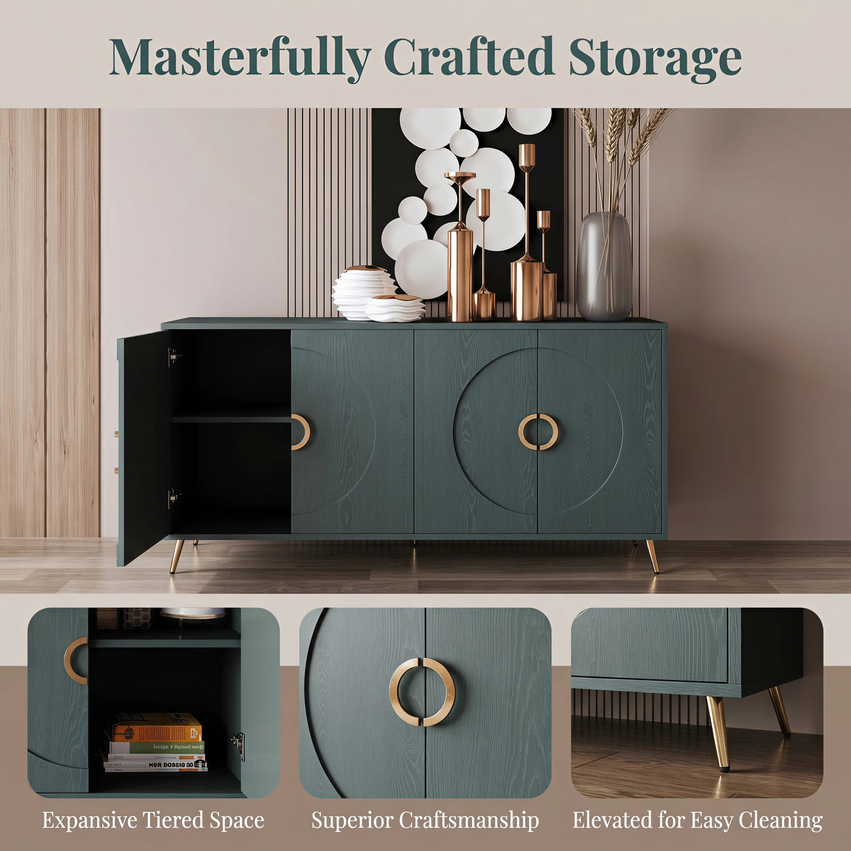 60" Italian Luxury Dark Green Wood Grain Sideboard Cabinet, 4-Door Round Embossed Buffet Storage Credenza, Modern Entryway Console Cupboard with Gold Metal Handles, Dark Green - Sonkuki